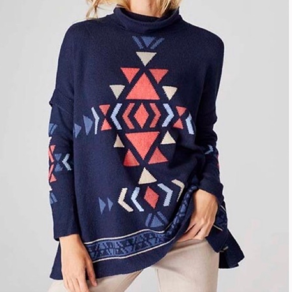J Jill Dark Indigo Heather Intarsia Funnel Neck Sweater